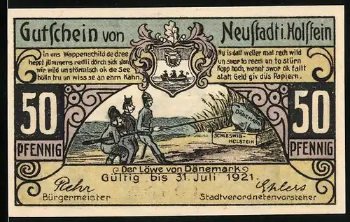 Notgeld Neustadt in Holstein 1921, 50 Pfennig, Am Hafen, Der Löwe von Dänemark, Ortsansicht