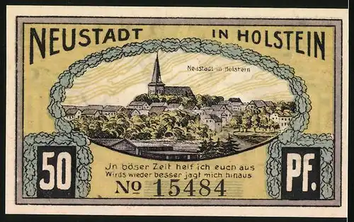 Notgeld Neustadt in Holstein 1921, 50 Pfennig, Am Hafen, Der Löwe von Dänemark, Ortsansicht