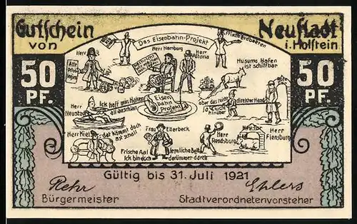 Notgeld Neustadt in Holstein 1921, 50 Pfennig, Eisenbahn-Projekt, Rathaus am Markt