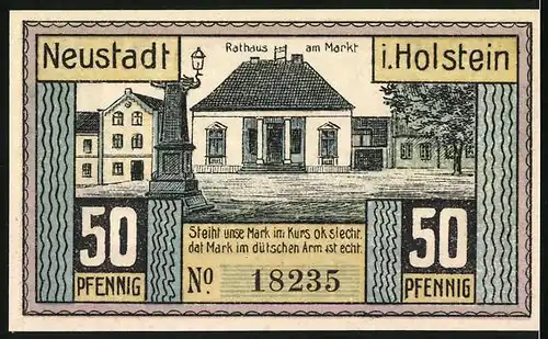 Notgeld Neustadt in Holstein 1921, 50 Pfennig, Eisenbahn-Projekt, Rathaus am Markt