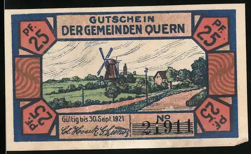 Notgeld Quern 1921, 25 Pfennig, Ortsansicht mit Windmühle