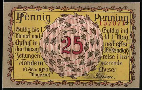 Notgeld Tondern 1920, 25 Pfennig, Frau mit goldenem Horn