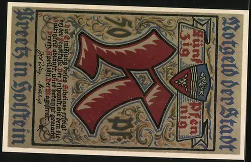 Notgeld Preetz in Holstein 1921, 50 Pfennig, Strassenansicht mit Fachwerkhäusern
