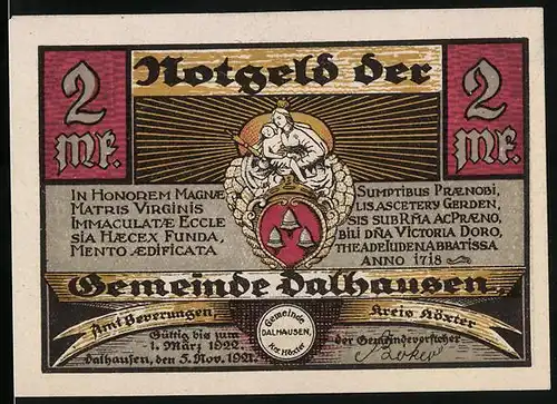 Notgeld Dalhausen i. Westf. 1921, 2 Mark, Wappen und Ortsansicht