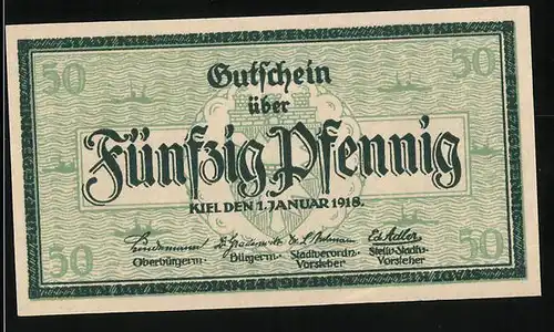 Notgeld Kiel 1918, 50 Pfennig, Ansicht mit Kirche