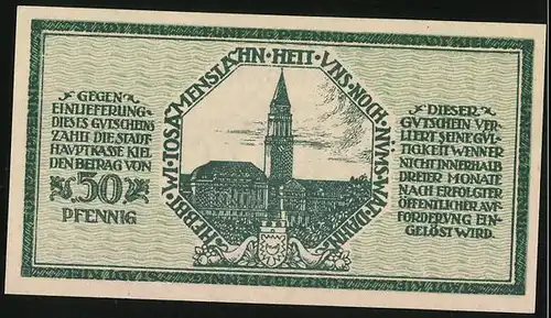 Notgeld Kiel 1918, 50 Pfennig, Ansicht mit Kirche