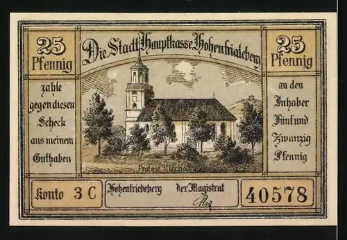 Notgeld Hohenfriedeberg, 25 Pfennig, Protest. Kirche und Rathaus mit Ring