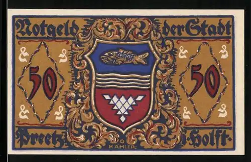 Notgeld Preetz in Holstein 1921, 50 Pfennig, Wappen mit Fisch