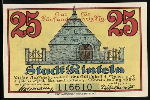 Notgeld Rinteln 1920, 25 Pfennig, Münchhausen-Hof, Bär mit Wagen