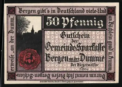 Notgeld Bergen an der Dumme 1922, 50 Pfennig, Siegel, Bernhard von Bergen