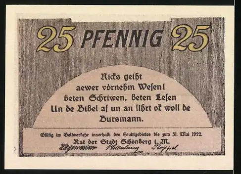 Notgeld Schönberg /Ratzeburg 1922, 25 Pfennig, Ortspanorama