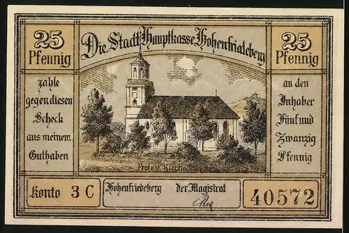 Notgeld Hohenfriedeberg, 25 Pfennig, Protest. Kirche und Rathaus mit Ring