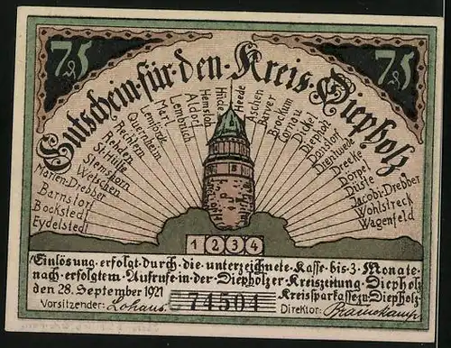 Notgeld Diepholz 1921, 75 Pfennig, Schweinezucht Gedicht