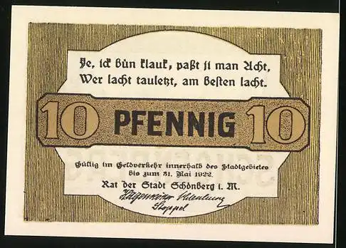 Notgeld Schönberg /Ratzeburg 1922, 10 Pfennig, Strassenpartie