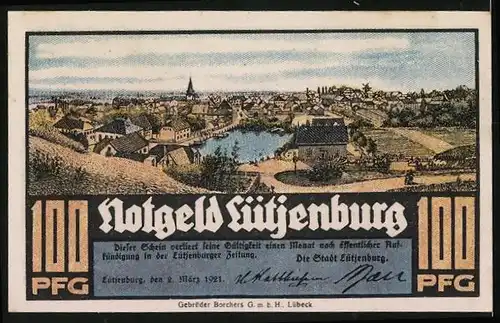 Notgeld Lütjenburg 1921, 100 Pfennig, Ortspanorama und Kirche