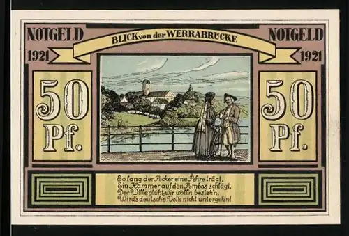 Notgeld Altenbreitungen & Frauenbreitungen 1921, 50 Pfennig, Blick von der Werrabrücke