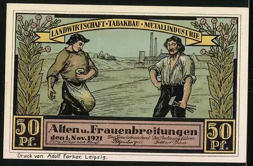 Notgeld Altenbreitungen & Frauenbreitungen 1921, 50 Pfennig, Blick von der Werrabrücke