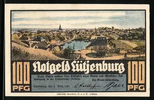 Notgeld Lütjenburg 1921, 100 Pfennig, Ortspanorama und Fachwerkhaus
