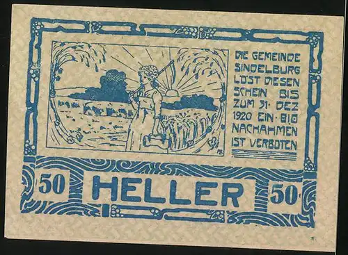 Notgeld Sindelburg 1920, 50 Heller, Ortspanorama mit Kirche