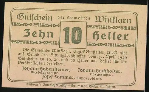 Notgeld Winklarn 1920, 10 Heller, Ortsansicht mit Kirche