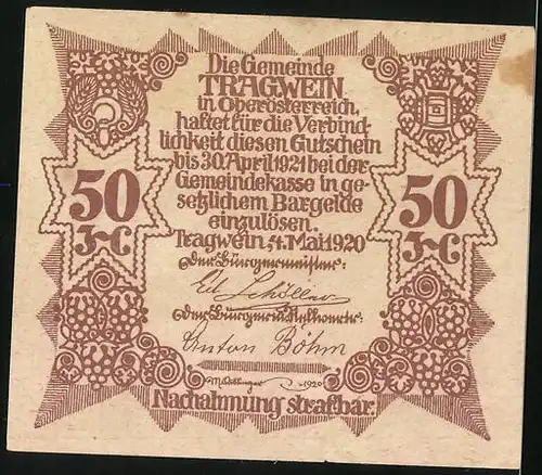 Notgeld Tragwein 1920, 50 Heller, Ortspanorama und Wappen mit Fass