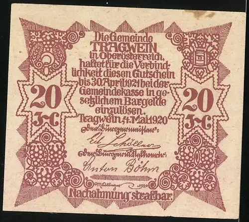 Notgeld Tragwein 1920, 20 Heller, Ansicht mit Kirche