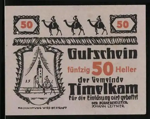 Notgeld Timelkam 1920, 50 Heller, Kamelkarawane unterwegs