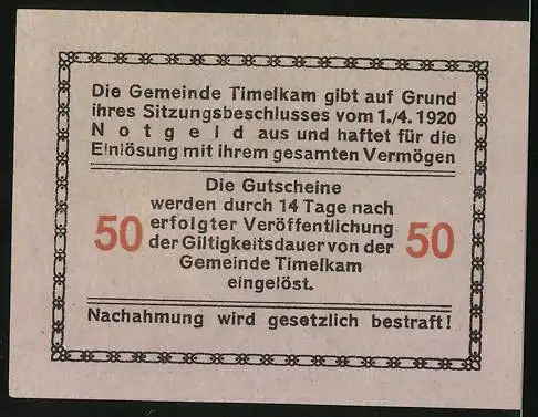 Notgeld Timelkam 1920, 50 Heller, Kamelkarawane unterwegs