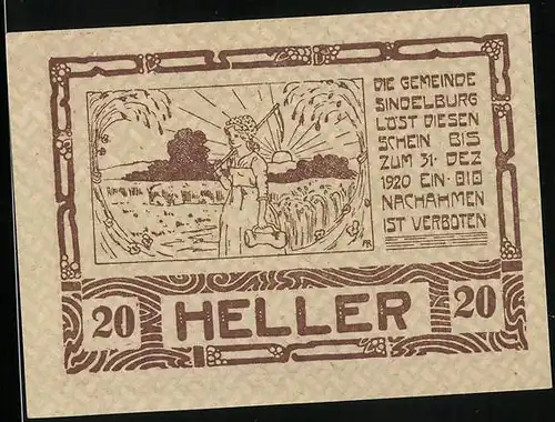 Notgeld Sindelburg 1920, 20 Heller, Junge Bäuerin auf dem Feld