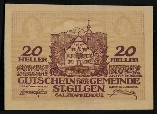 Notgeld St. Gilgen /Salzkammergut 1920, 20 Heller, Rathaus und Panorama