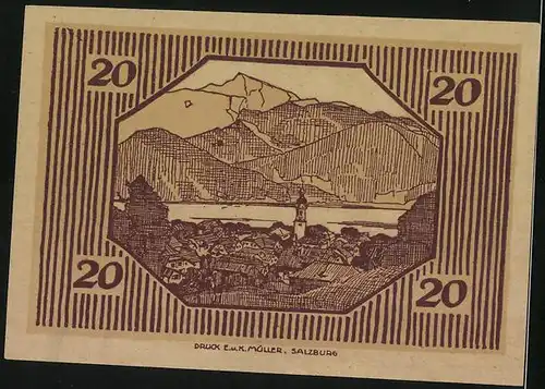 Notgeld St. Gilgen /Salzkammergut 1920, 20 Heller, Rathaus und Panorama