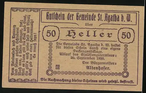 Notgeld St. Agatha 1920, 50 Heller, Fadinger-Hof