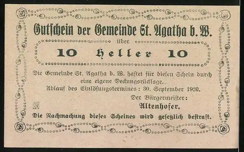 Notgeld St. Agatha 1920, 10 Heller, Ortspanorama