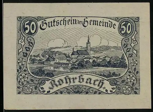 Notgeld Rohrbach 1920, 50 Heller, Panorama mit Kirche