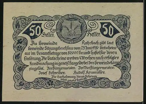 Notgeld Rohrbach 1920, 50 Heller, Panorama mit Kirche