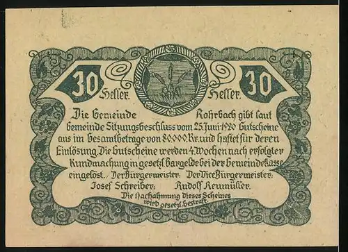 Notgeld Rohrbach 1920, 30 Heller, Strassenpartie