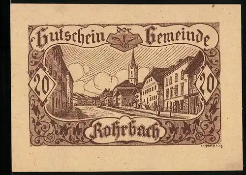 Notgeld Rohrbach 1920, 20 Heller, Strassenpartie mit Kirche