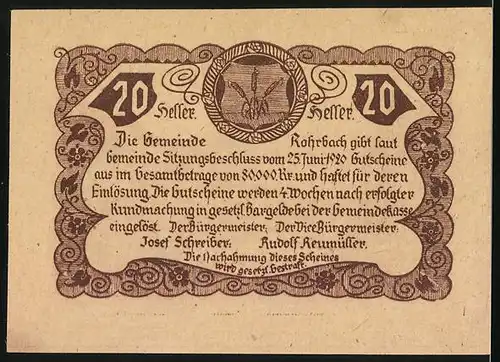 Notgeld Rohrbach 1920, 20 Heller, Strassenpartie mit Kirche