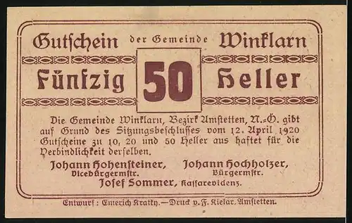 Notgeld Winklarn 1920, 50 Heller, Strasse mit Kirche