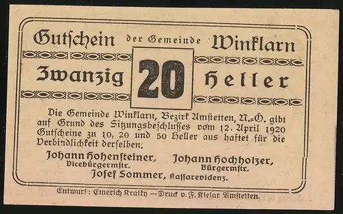 Notgeld Winklarn 1920, 20 Heller, Strasse mit Kirche