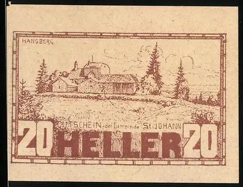 Notgeld St. Johann 1920, 20 Heller, Hansberg mit Häusern