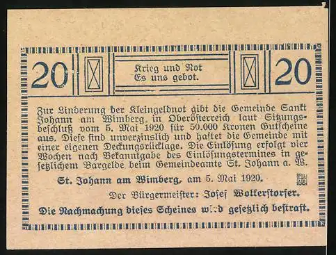 Notgeld St. Johann 1920, 20 Heller, Hansberg mit Häusern