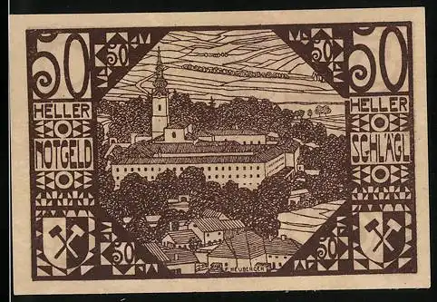 Notgeld Schlägl, 50 Heller, Wappen und Ortsansicht