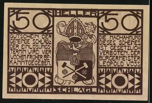 Notgeld Schlägl, 50 Heller, Wappen und Ortsansicht