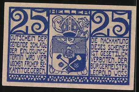 Notgeld Schlägl, 25 Heller, Tor und Wappen