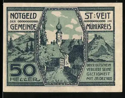 Notgeld St. Veit im Mühlkreis 1920, 50 Heller, Ortsansicht mit Kirche