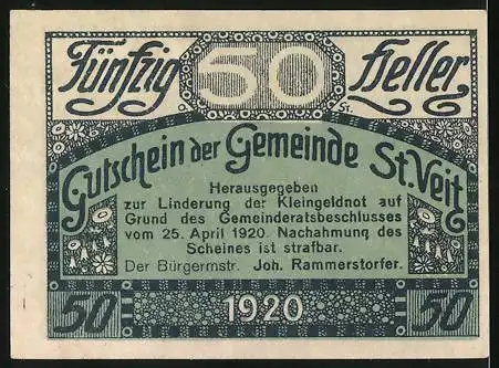 Notgeld St. Veit im Mühlkreis 1920, 50 Heller, Ortsansicht mit Kirche