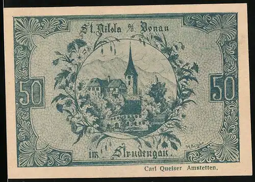 Notgeld St. Nikola a. d. Donau 1920, 50 Heller, Ortsansicht und Wappen