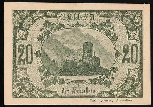 Notgeld St. Nikola a. d. Donau 1920, 20 Heller, Der Hausstein und Wappen