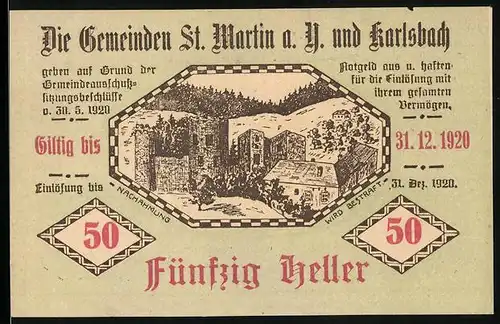 Notgeld St. Martin a. D. und Karlsbach 1920, 50 Heller, Ortspanorama